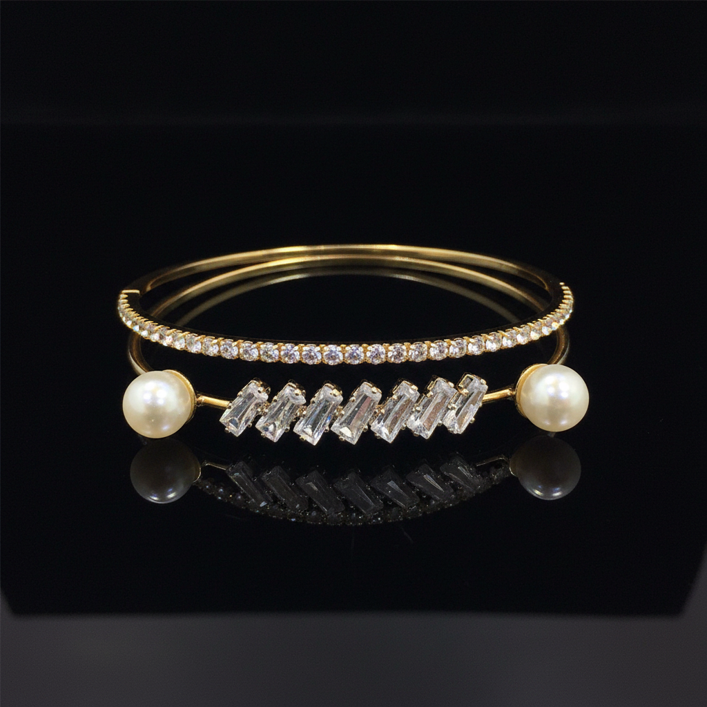 Gold zigzag crystal and pearl bangles
