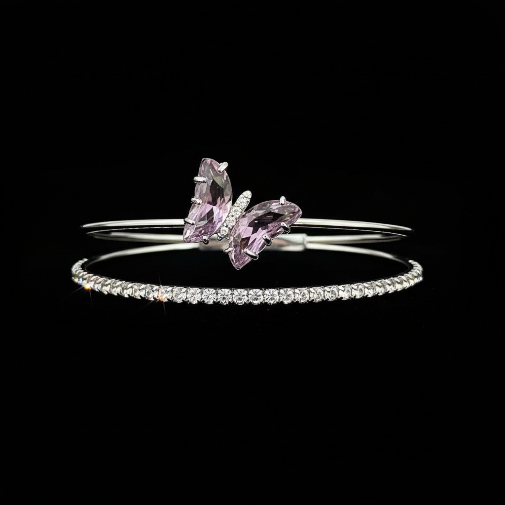 Lilac butterfly silver bracelet set