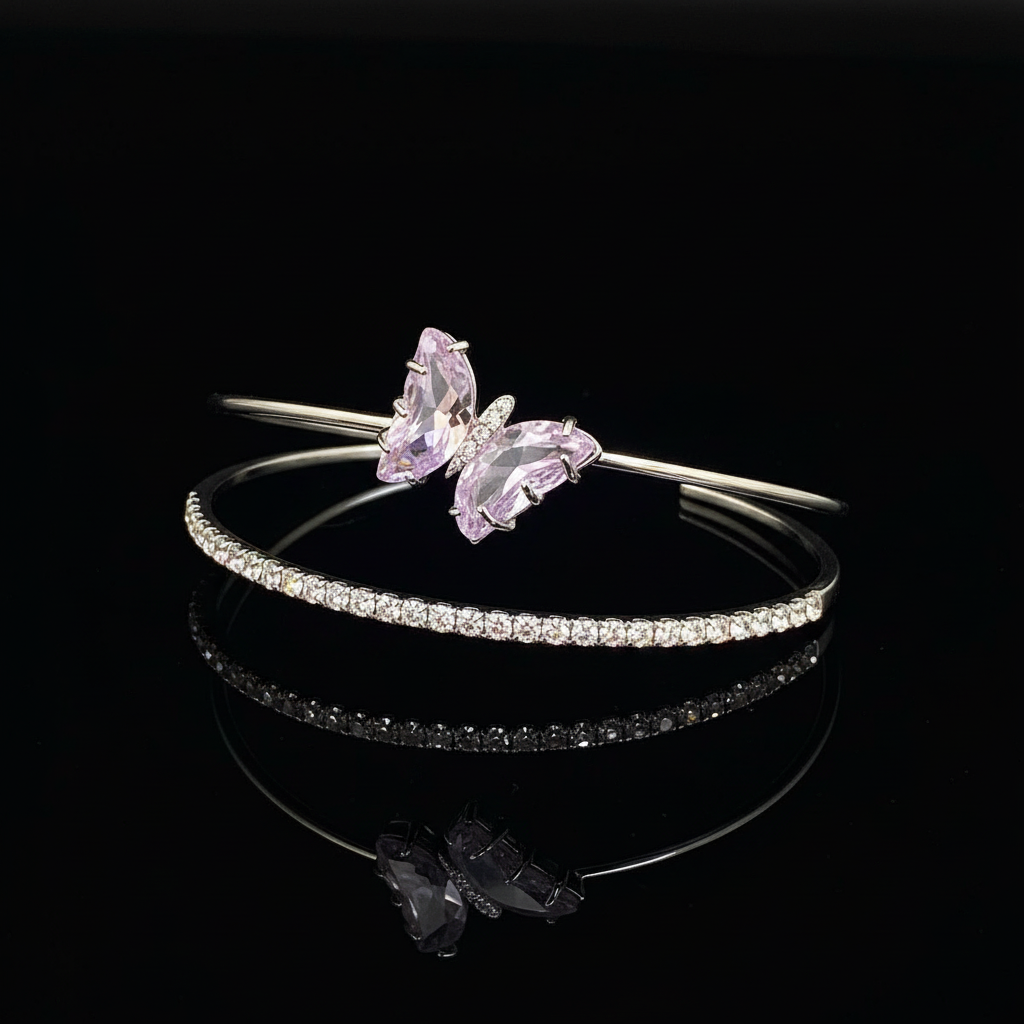 Pink butterfly silver bracelet set