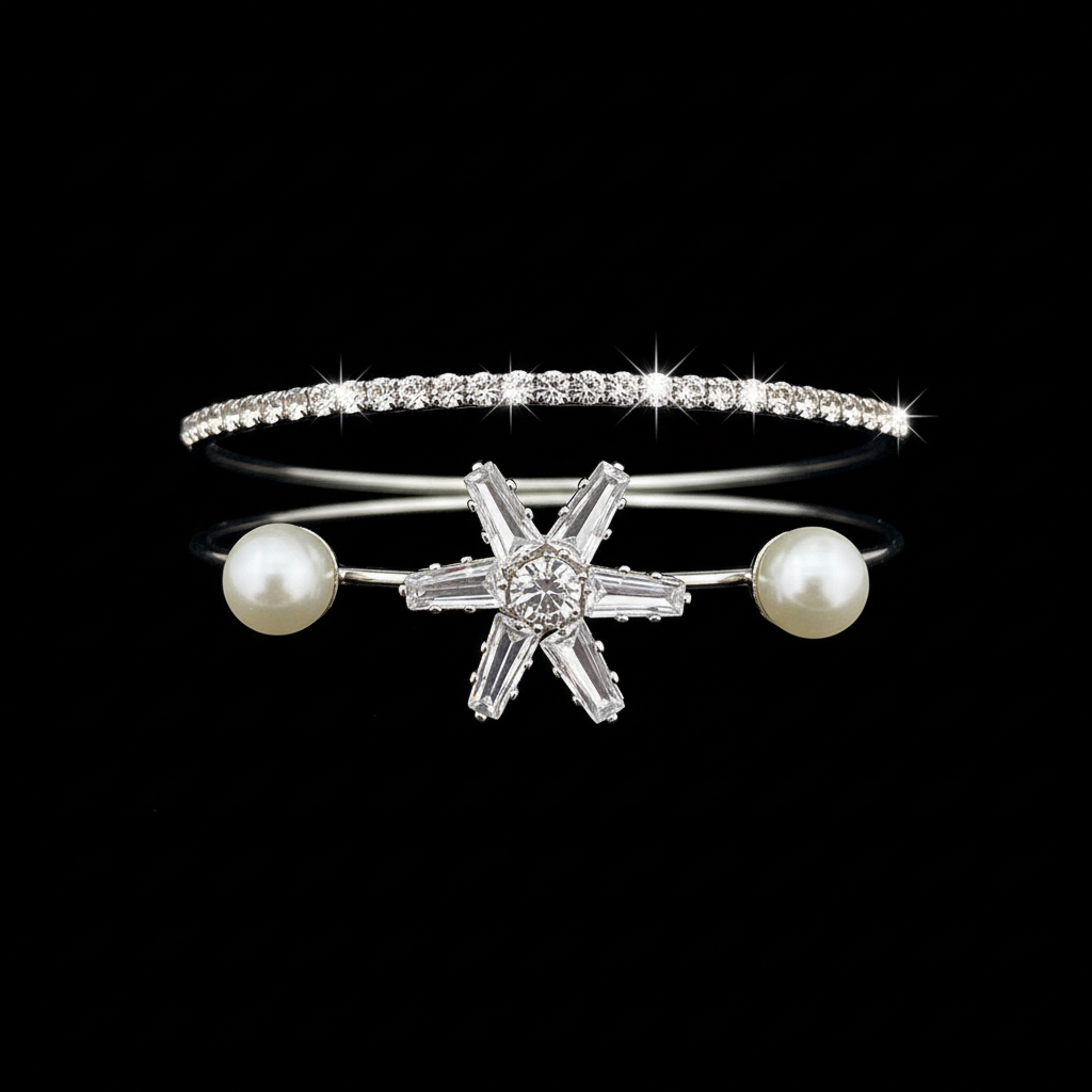Silver crystal star and pearl bangles