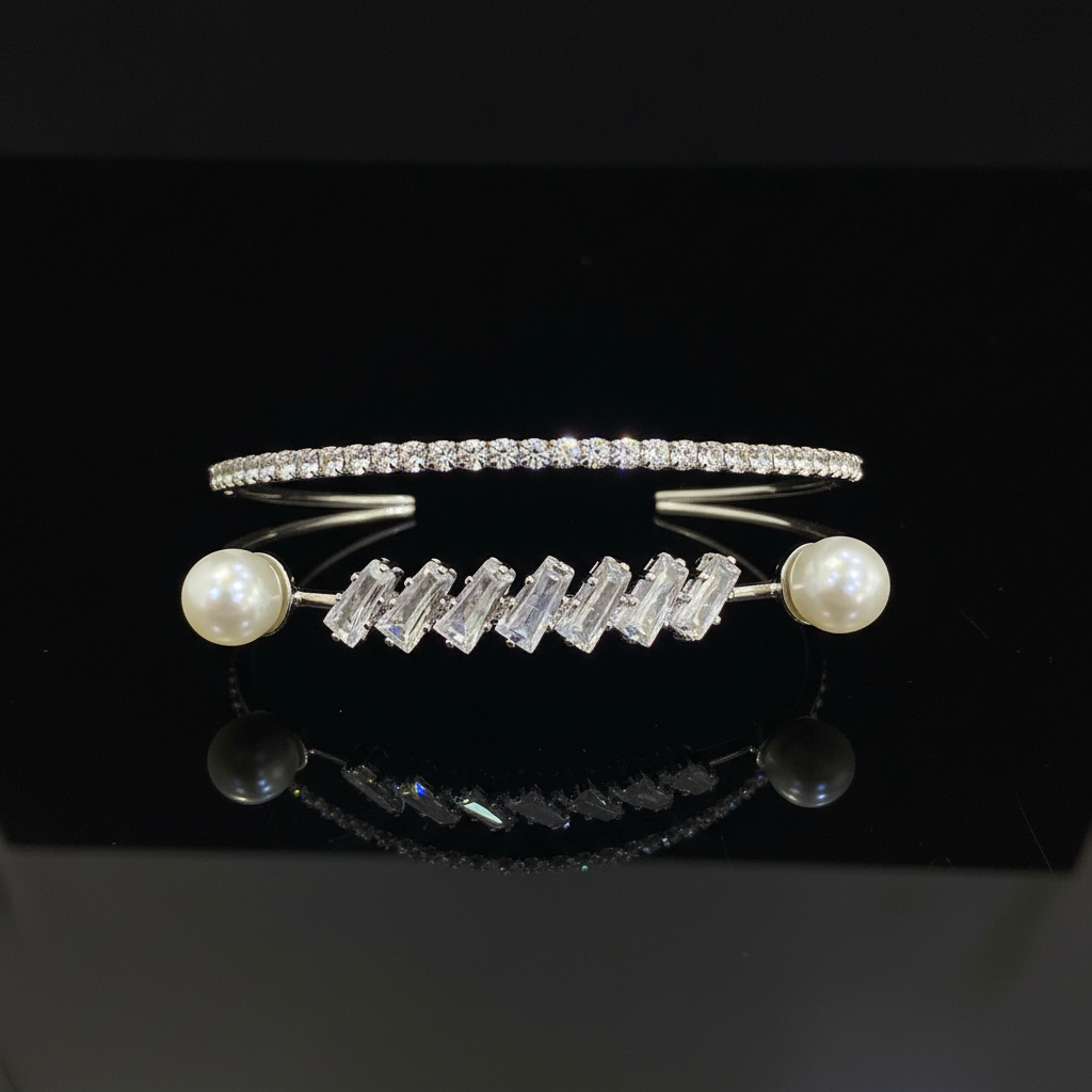 Silver zigzag crystal and pearl bangles