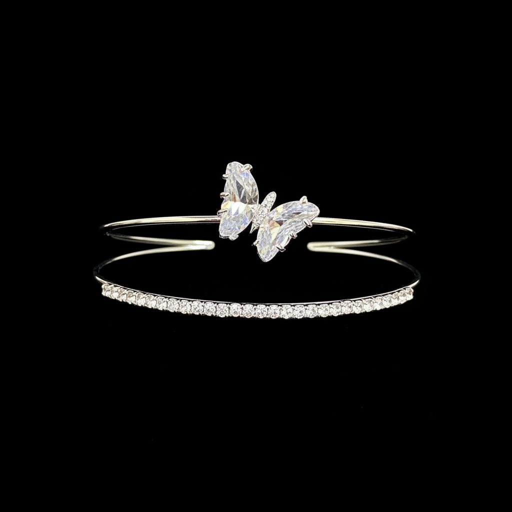 White butterfly silver bracelet set